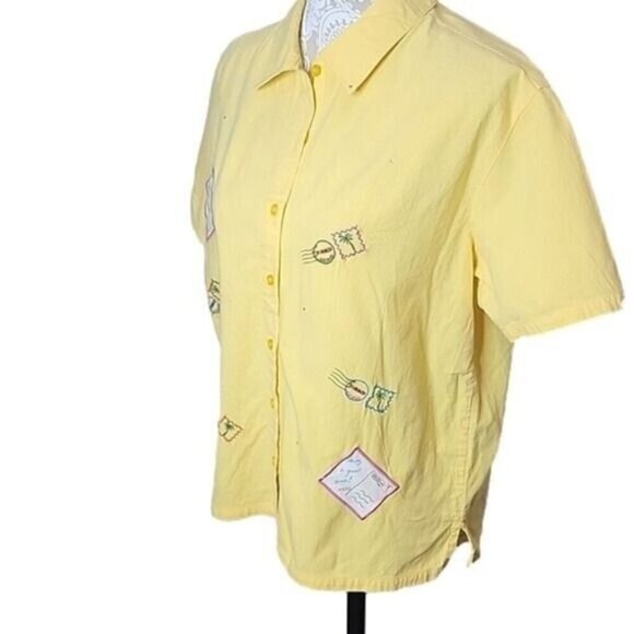 Bobbie Brooks Top Vacation Embroidery Yellow Cotton Short Sleeve Women's Large - Picture 3 of 6